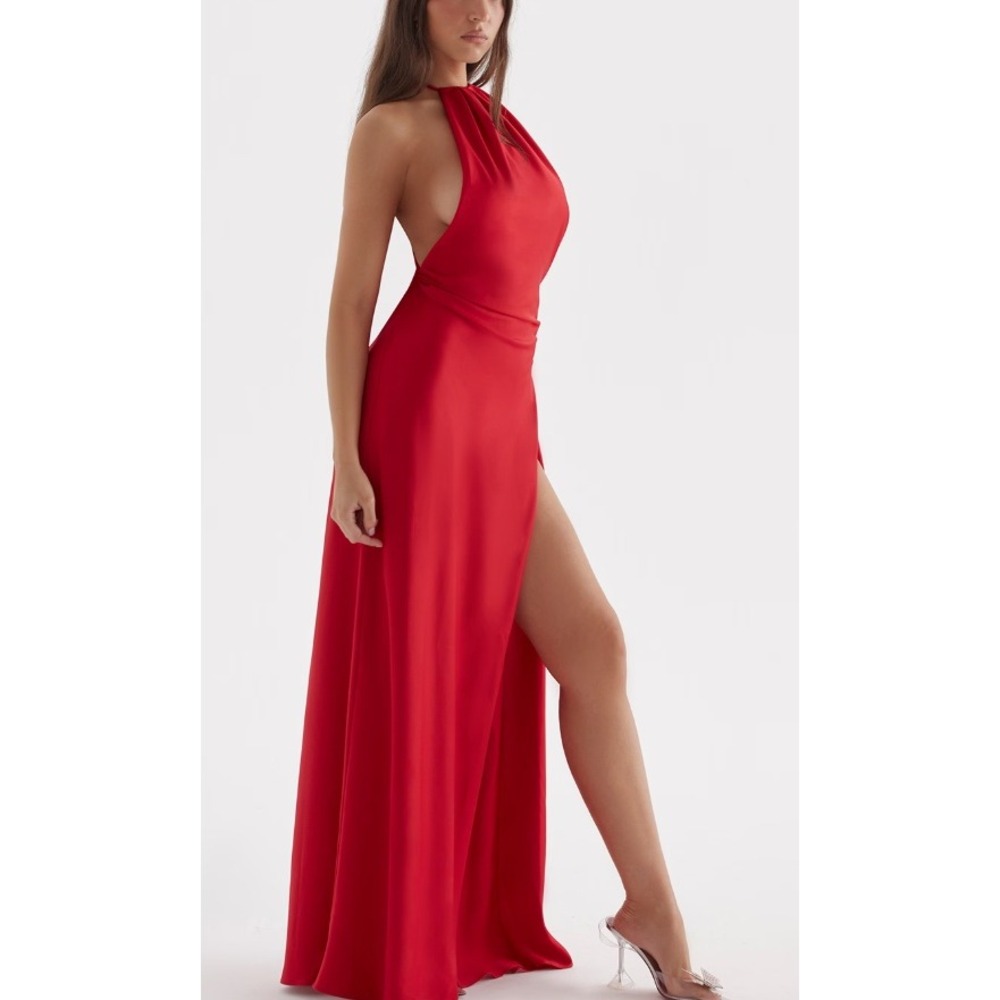 House of CB Zanab Red Satin Halter Cowl Back Maxi Dress Side Slit Size M
